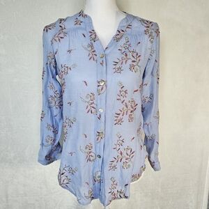 Fig and Flower Sheer Blue Red Button down Embroidered Flowers Women's Size PS
